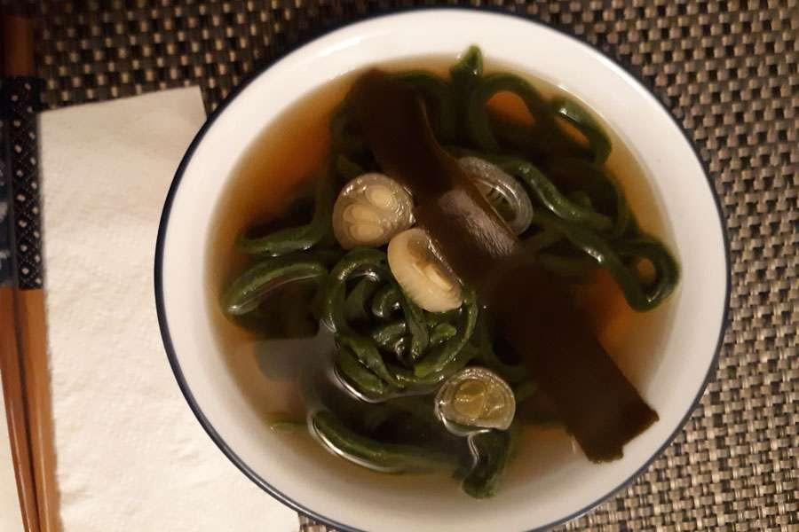 A Bowl of Japanese-style Udon made with Green Algae Protein and Omega 3 Powder