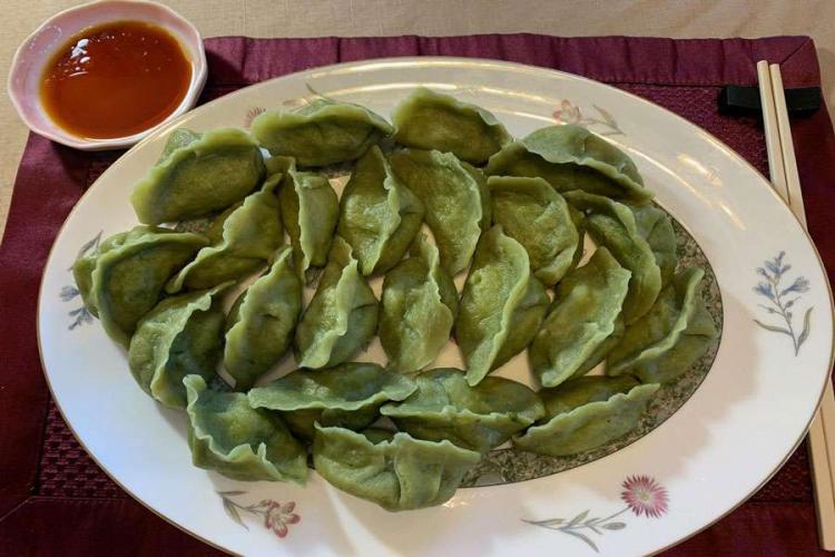 Dinner plate with steamed green algae gyoza (pot stickers)
